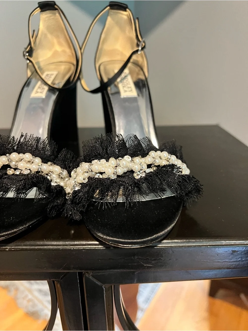 Badgley Mischka Fleur Pearl-Trim Fringe Sandals